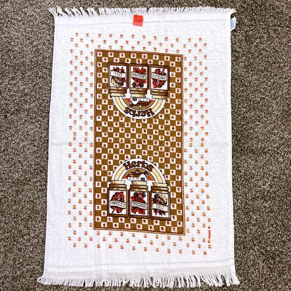 VTG CANNON HERBS Hand‎ Kitchen Towel Fringe 70s NOS Farmhouse Tulips Checkered